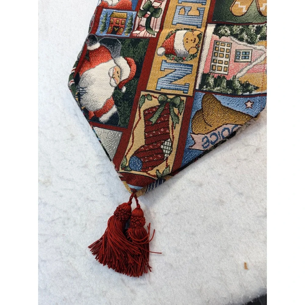 Christmas Tapestry Table Runner Santa Gingerbread Snowman Noel Woven Tassels 82